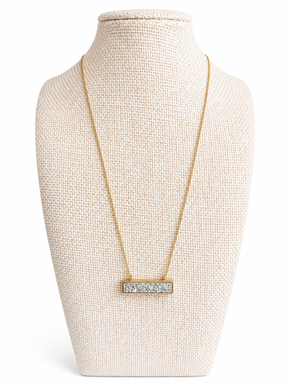 CLOVER Gold Tone Silver Druzy Bar Necklace Minimalist Boho Sparkle Pendant